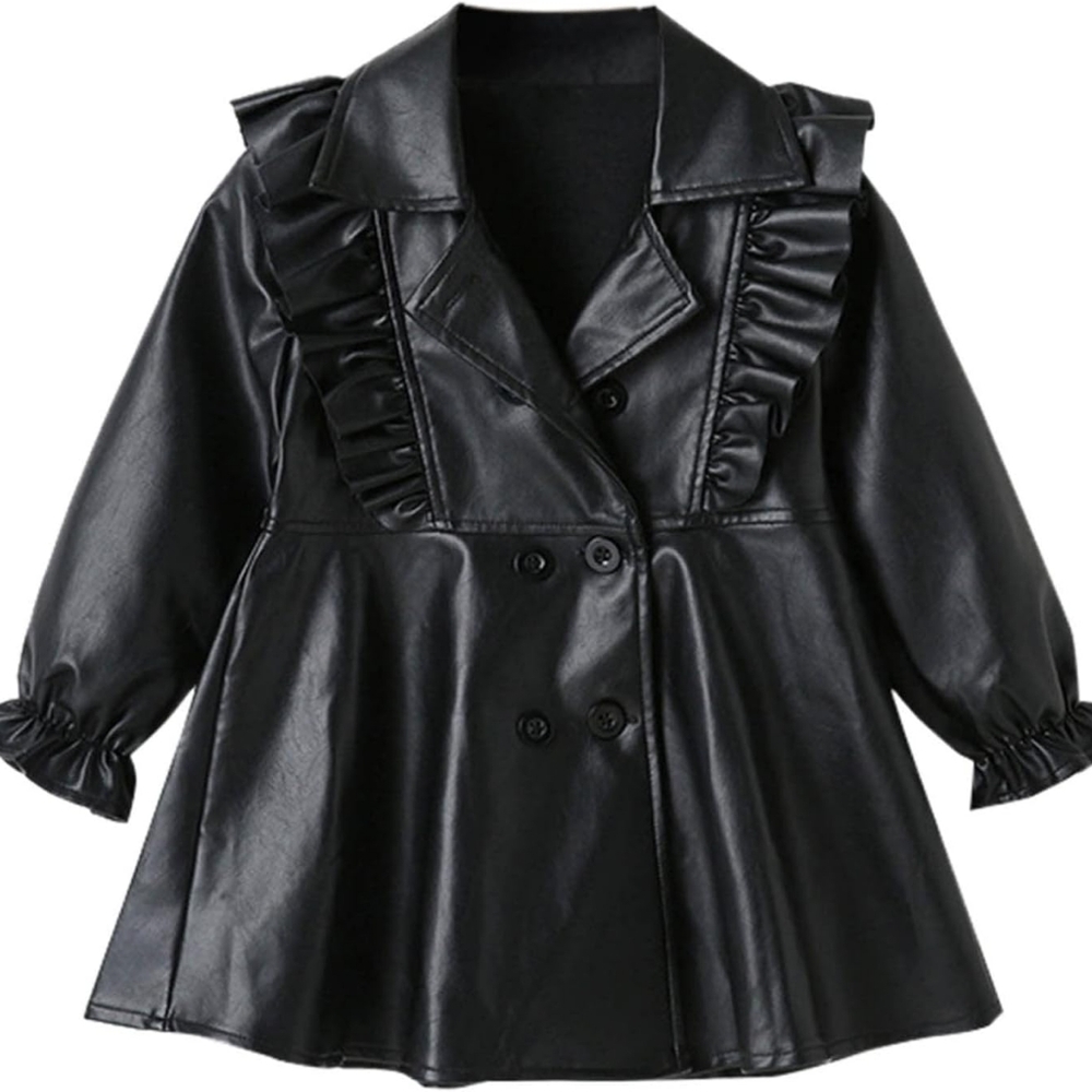 🎀NEW Princess Black Faux Leather Ruffles, Long Sleeve England Style Dress